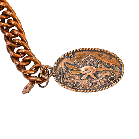 Vintage Solid Copper Curb Chain Bracelet With Bell Trading Post Roadrunner Charm - Picture 11 of 12